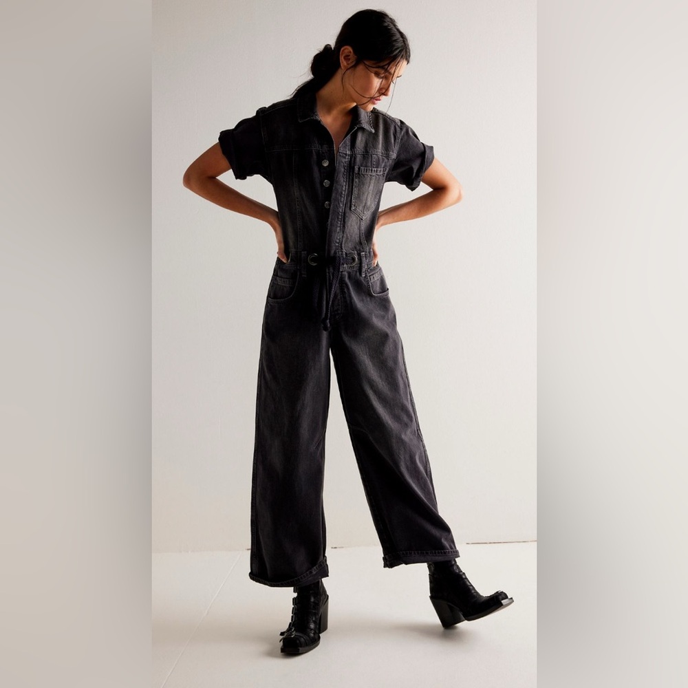 Free People Black Denim Overalls Relaxed Fit